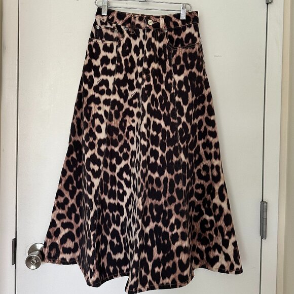 Ganni 100% Cotton Leopard Print Denim Skirt - Picture 5 of 11